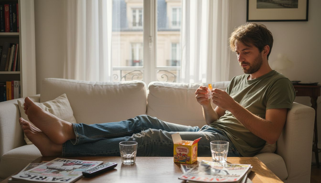 Un homme détendu savoure un petit bonbon au THC.