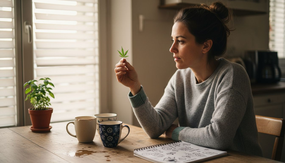 Une femme observe attentivement une feuille de cannabis dans sa cuisine, visiblement curieuse d’en apprendre plus sur ses propriétés.