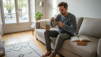 Un homme se prépare une infusion au CBD dans le confort de son salon.