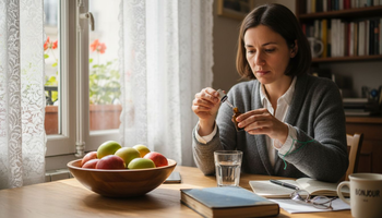 Une femme prépare sa dose de CBD à l’aide d’une pipette, tranquillement installée dans sa cuisine.