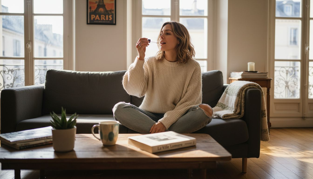 Une femme profite d’un moment de détente sur son canapé, savourant son huile de CBD dans un salon baigné de soleil.