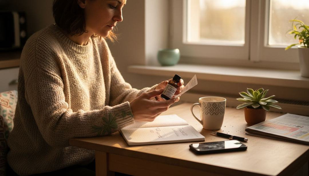 Une femme examine attentivement un flacon de CBD dans sa cuisine, intriguée par les informations sur l’étiquette.