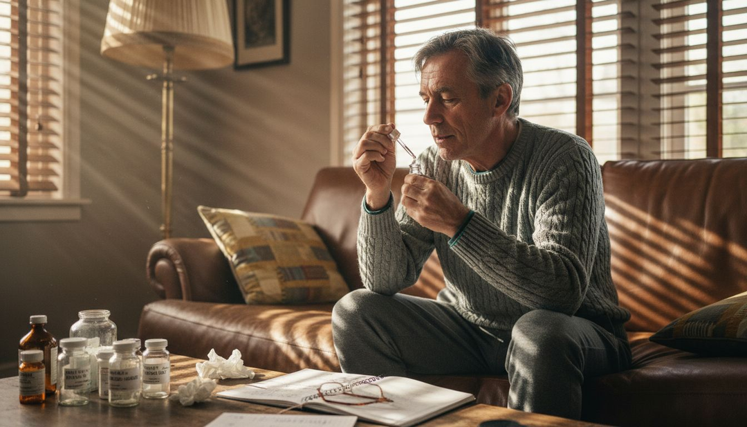 Un homme utilise de l’huile de CBD pour soulager ses douleurs.