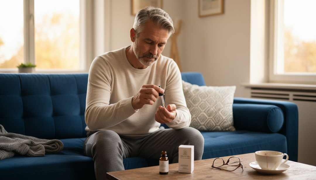 Un homme utilise une huile au CBD pour soulager ses douleurs.