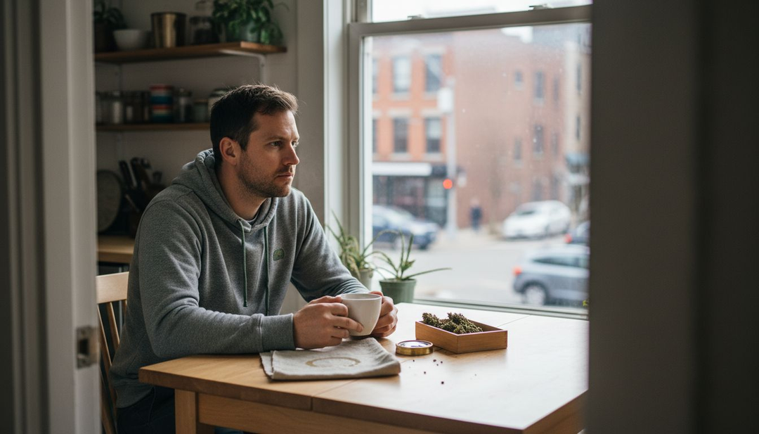 Un homme profite d’un moment de détente en prenant du CBD dans sa cuisine en ville.