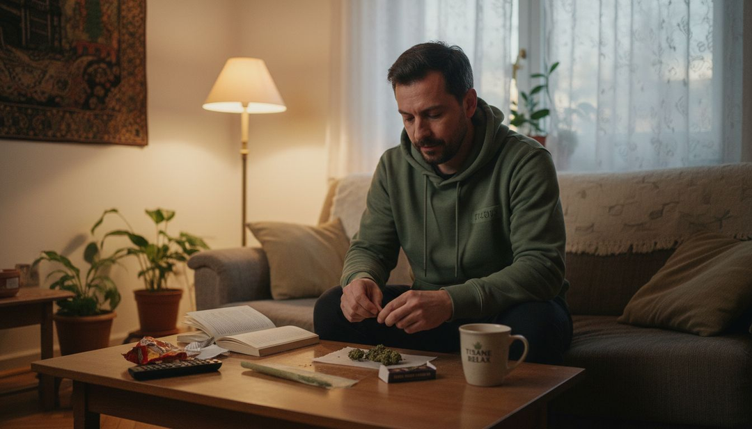 Un homme en train de préparer du cannabis light tranquillement dans son salon