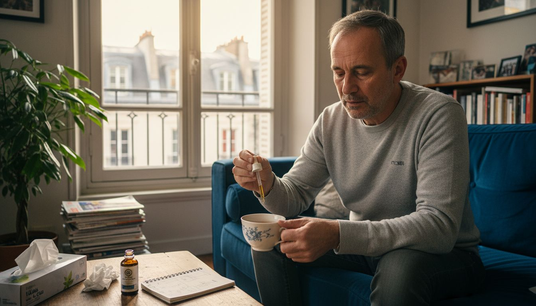 Un homme profite d’un moment de détente dans son salon après avoir pris du CBD.