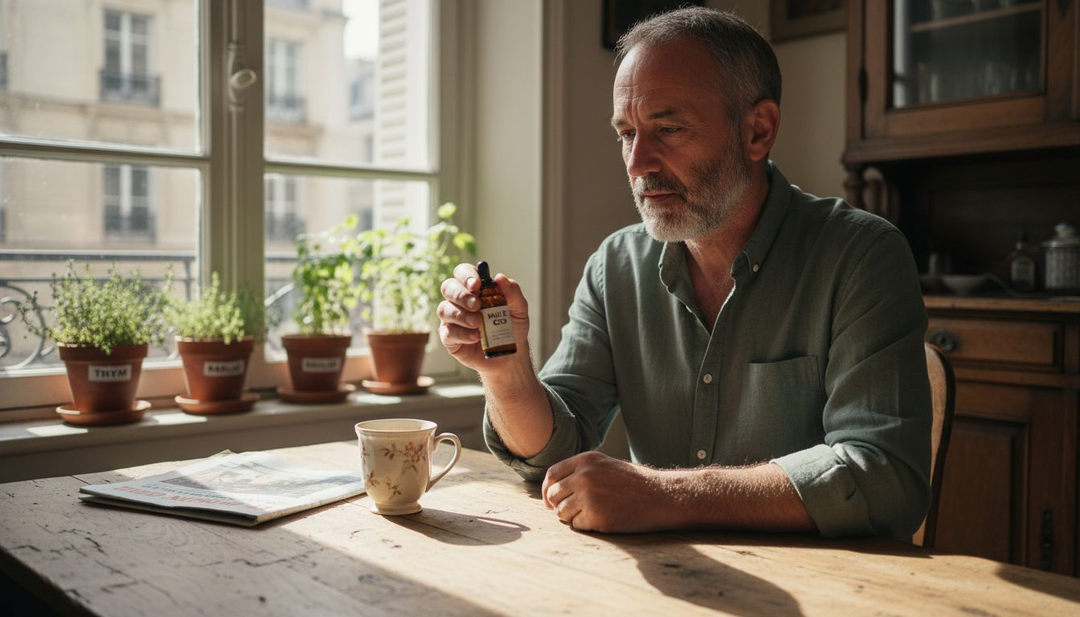 Un homme tient un flacon d’huile de CBD dans sa cuisine.
