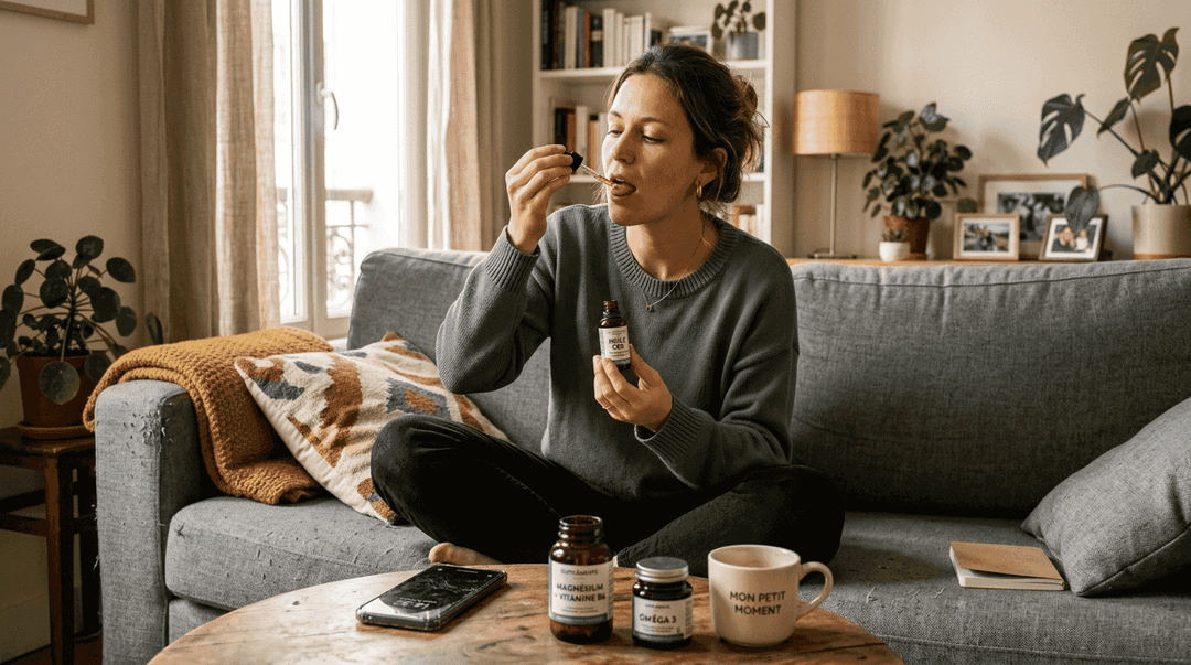 Une femme profite des bienfaits de l’huile de CBD dans son salon baigné de lumière.