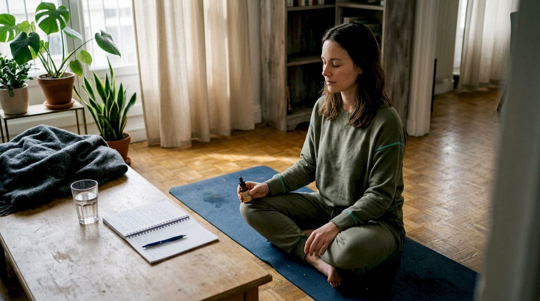 Une femme profite d’un moment de détente chez elle grâce au CBD, en pleine séance de méditation.