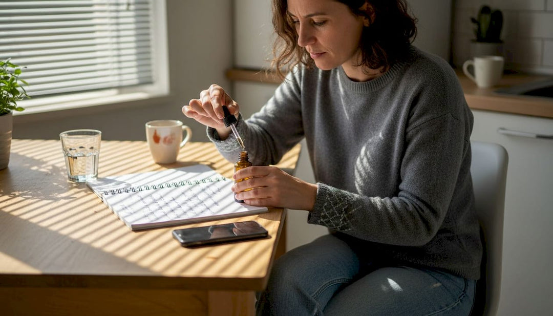 Assise à sa table de cuisine, une femme dose soigneusement de l’huile de CBD, concentrée sur la quantité à verser.