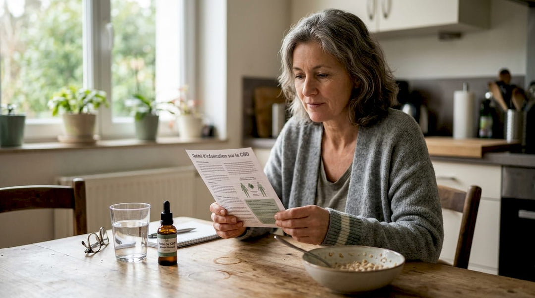 Assise à sa table de cuisine, une femme feuillette attentivement une brochure sur le CBD.