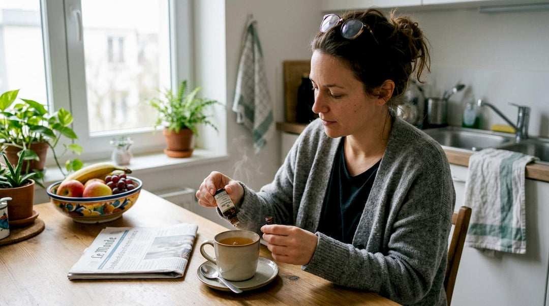 Une femme ajoute quelques gouttes d’huile de CBD dans sa tasse de thé, dans sa cuisine.
