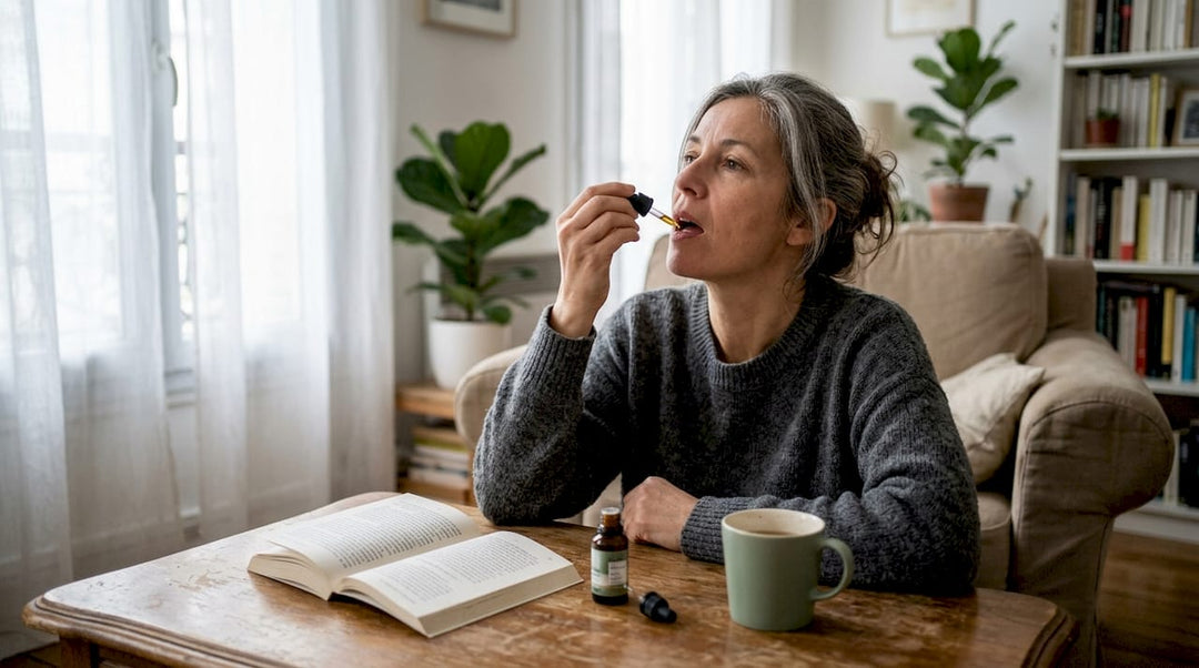 Dans un salon cosy, une femme applique quelques gouttes d’huile de CBD, profitant d’un moment de détente chez elle.