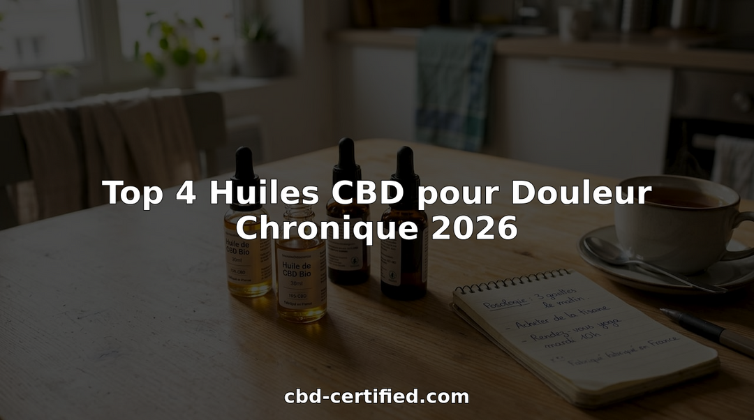 Quatre flacons d’huile de CBD posés sur une table de cuisine inondée de soleil.