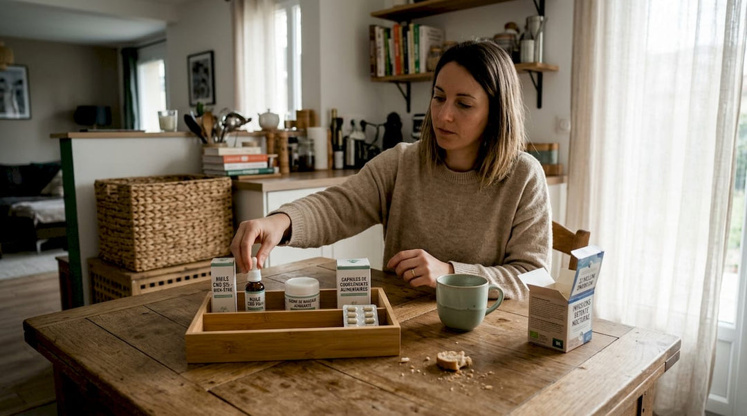 Une personne organise différents produits culinaires à base de CBD dans sa cuisine.
