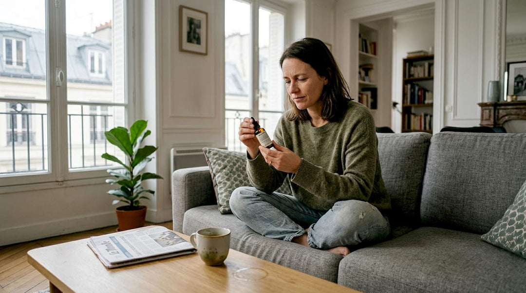 Une femme examine attentivement l’étiquette d’un produit à base de CBD chez elle.