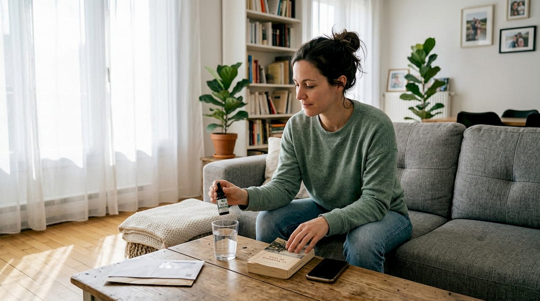 Une femme applique de l’huile de CBD chez elle, confortablement installée dans son salon.
