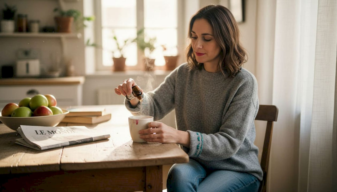 Une femme verse quelques gouttes d’huile de CBD dans sa tasse de thé au petit-déjeuner.