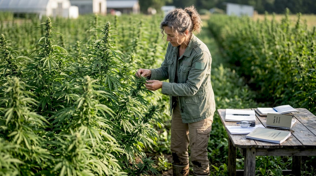 Un botaniste observe attentivement des plants de chanvre dans un champ, étudiant leur croissance et leur état de santé.