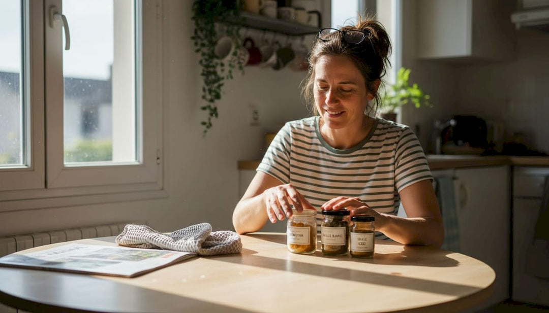 Une femme prend le temps de trier ses compléments alimentaires naturels, installée à la table de la cuisine.