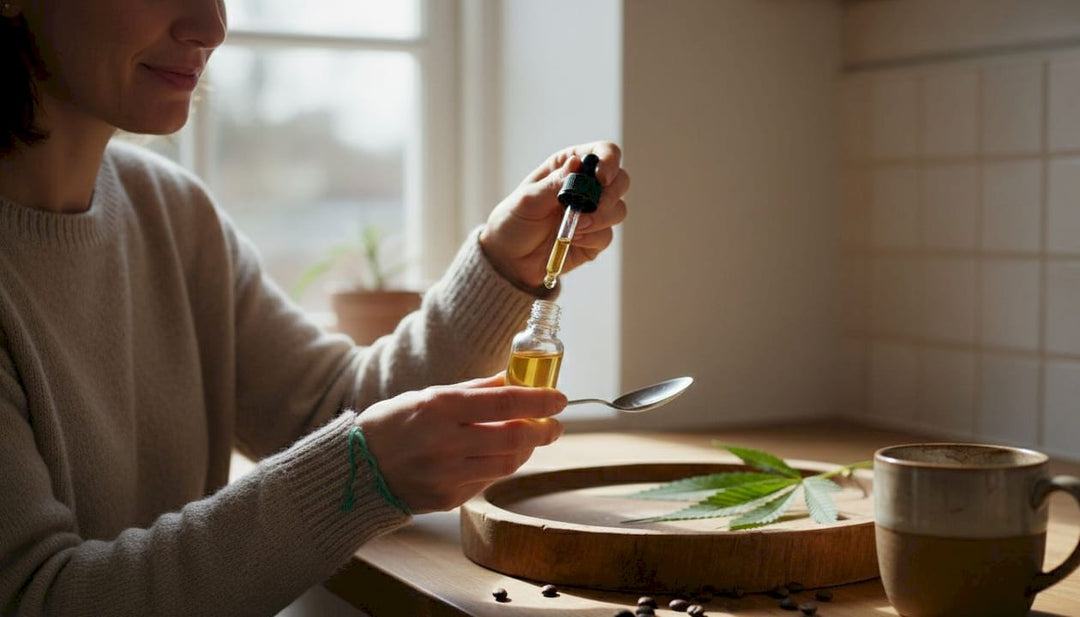 Une personne profite des bienfaits de l'huile de CBD, tranquillement installée sur le plan de travail de sa cuisine.