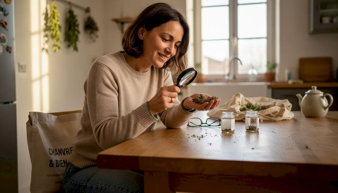 Une femme examine attentivement des fleurs de chanvre CBD posées sur la table de sa cuisine.