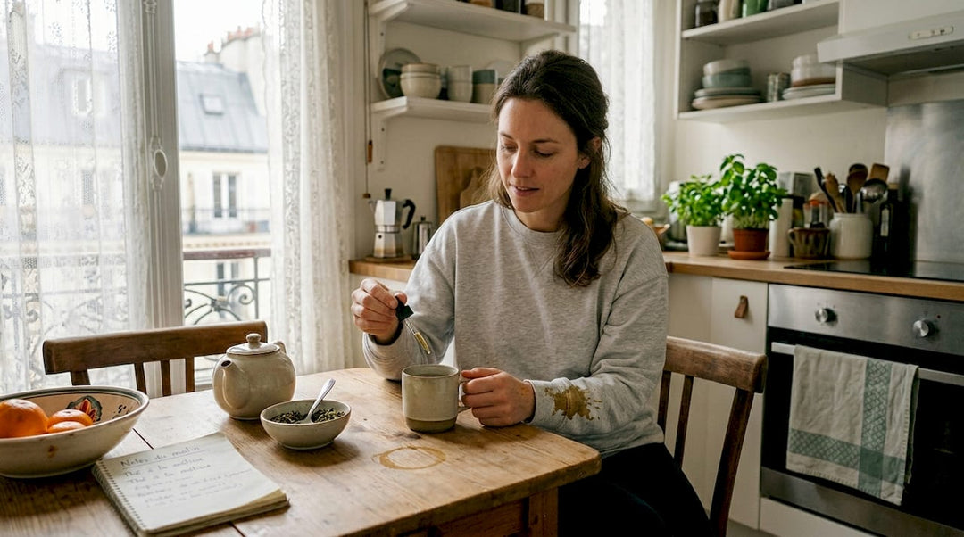 Dans sa cuisine, une femme dose soigneusement de l’huile de CBD à l’aide d’une pipette.