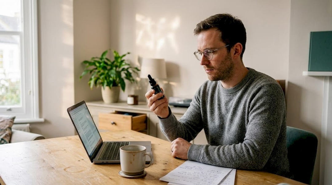 Un homme examine attentivement un flacon de CBD posé sur son bureau.