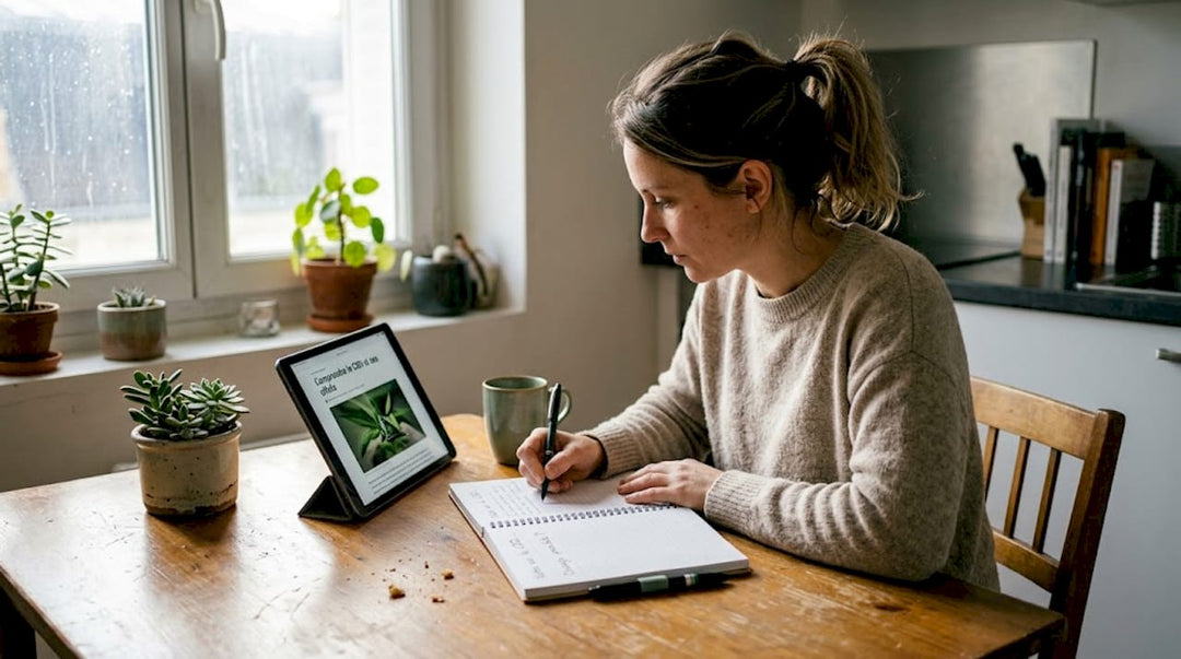 Dans sa cuisine, une femme feuillette un article pour en savoir plus sur le CBD.