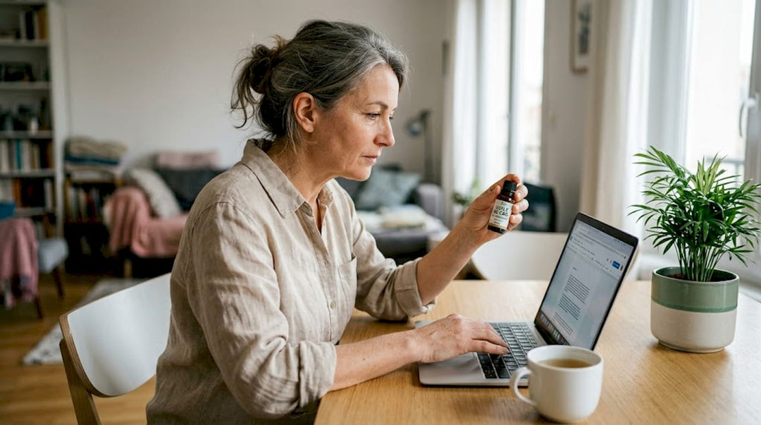 Une femme examine attentivement un flacon de CBD posé sur son bureau.