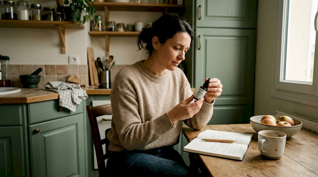 Une femme examine attentivement un flacon de CBD posé sur la table.