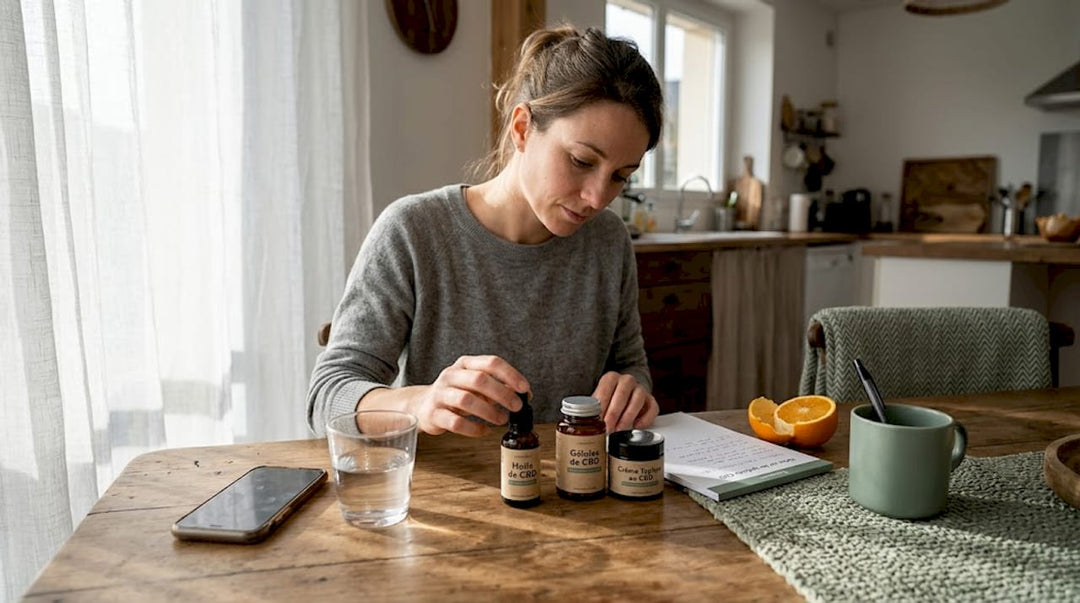 Assise à sa table de cuisine, une femme examine et compare différents produits à base de CBD avant de faire son choix.