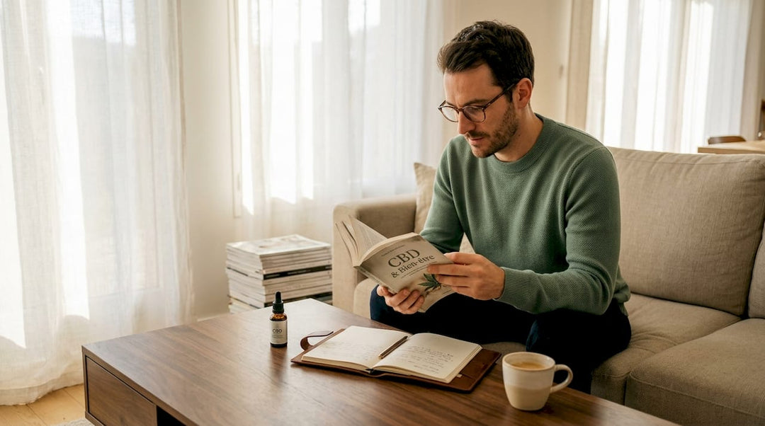 Un homme installé dans son salon, plongé dans la lecture d’un article sur les effets du CBD contre l’anxiété.