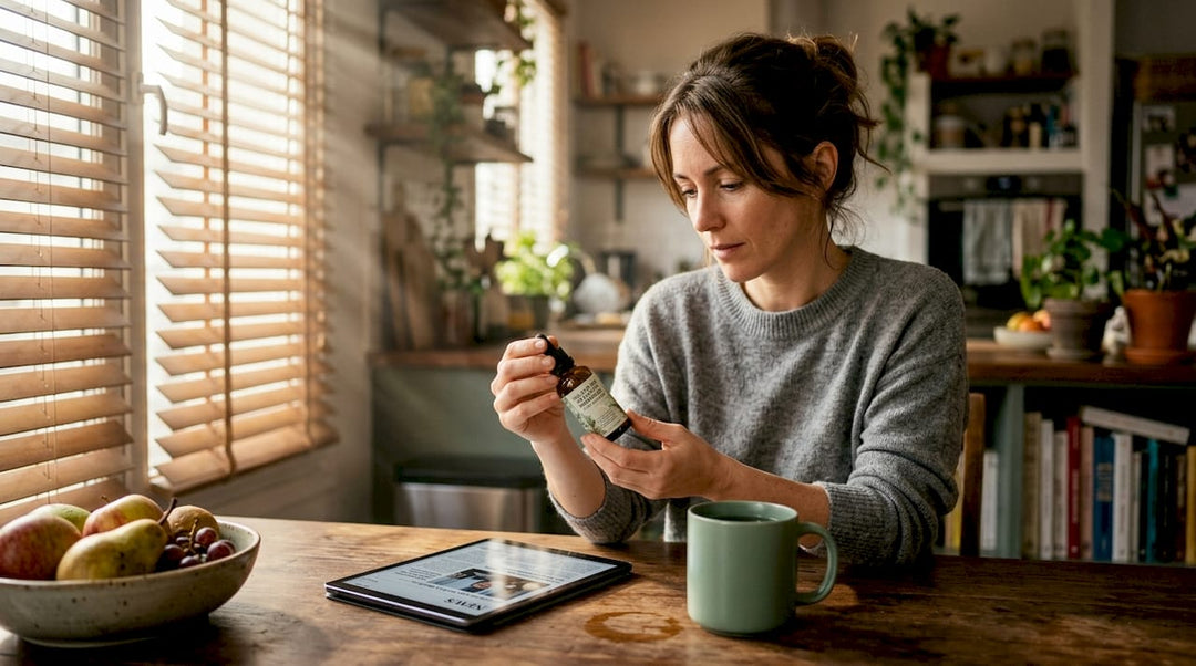 Assise à sa table de cuisine, une femme examine attentivement une bouteille d’huile de CBD, prenant le temps de lire les informations sur l’étiquette et de réfléchir à ses bienfaits potentiels.