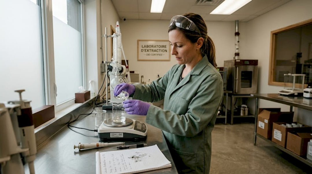 Un technicien de laboratoire en train de préparer un échantillon d’isolat de CBD.