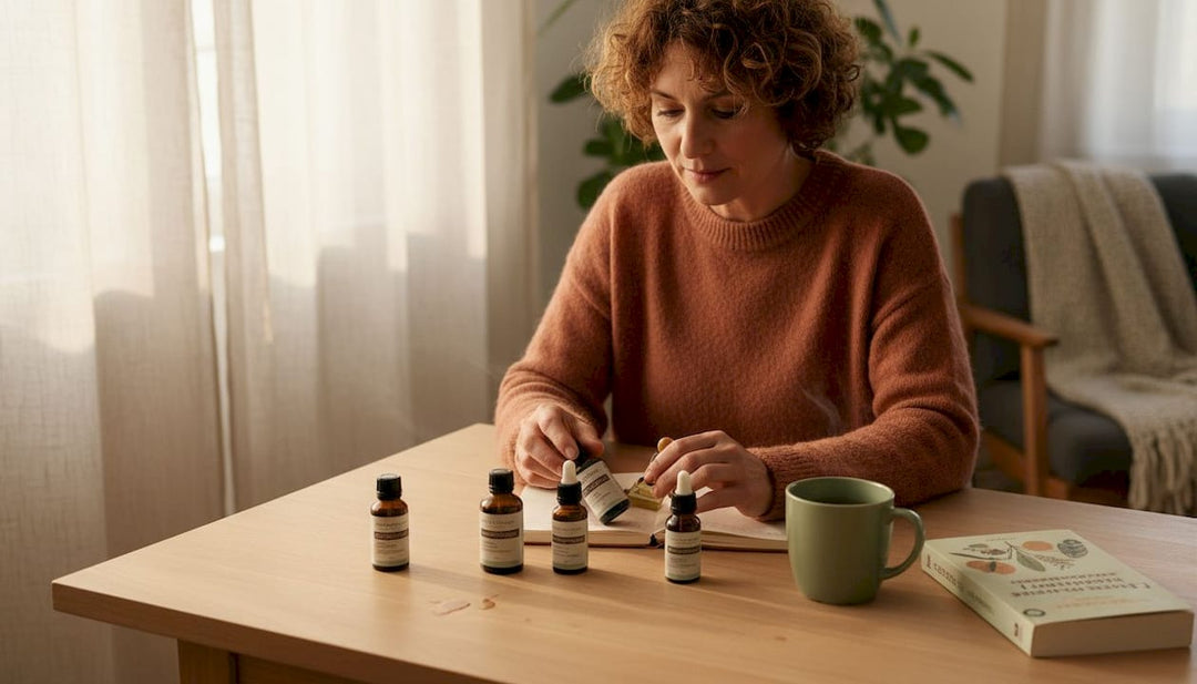 Une femme organise soigneusement ses flacons d’huile de CBD sur le plan de travail de sa cuisine.