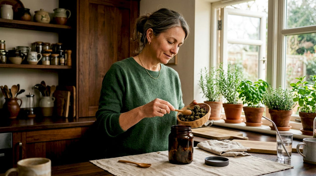 Une maman range soigneusement ses fleurs de CBD dans un bocal en verre, posé sur le plan de travail de la cuisine.