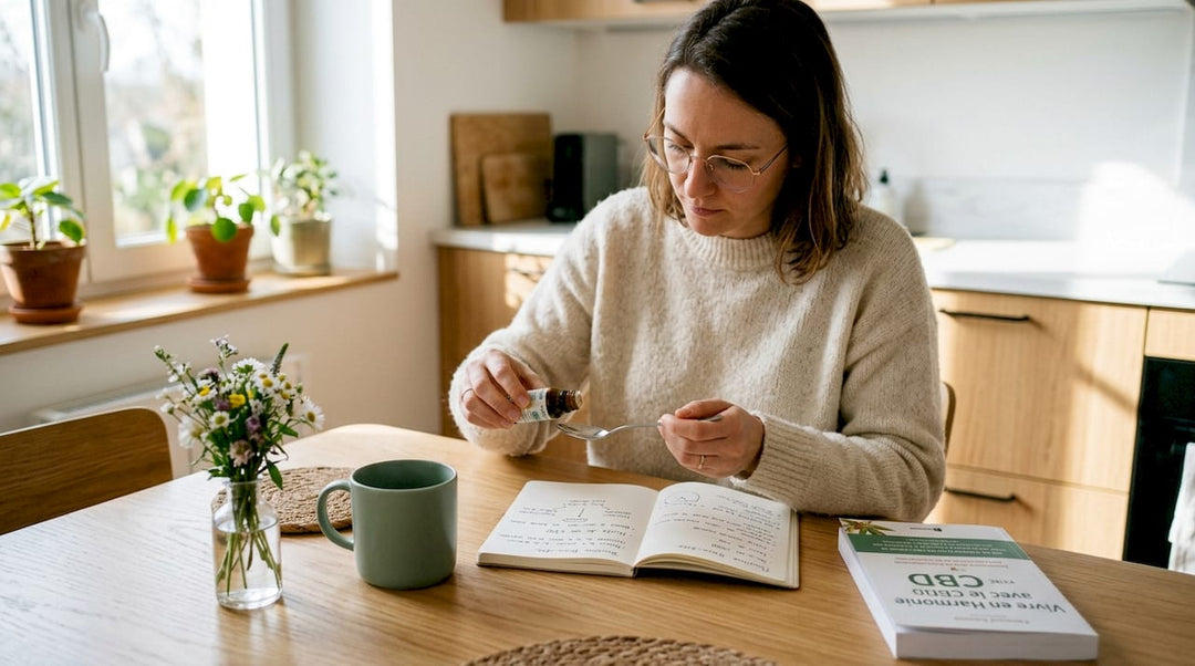 Le soir, chez elle, une femme verse quelques gouttes d'huile de CBD.