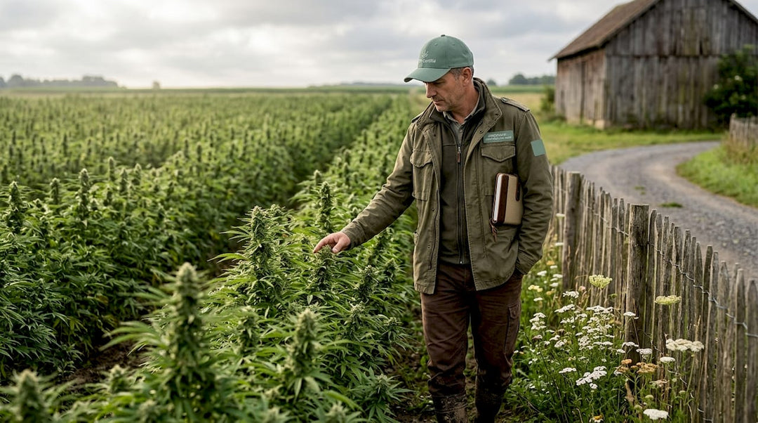 Un agronome examine une parcelle de chanvre en Europe, évaluant la qualité des cultures et leur développement.