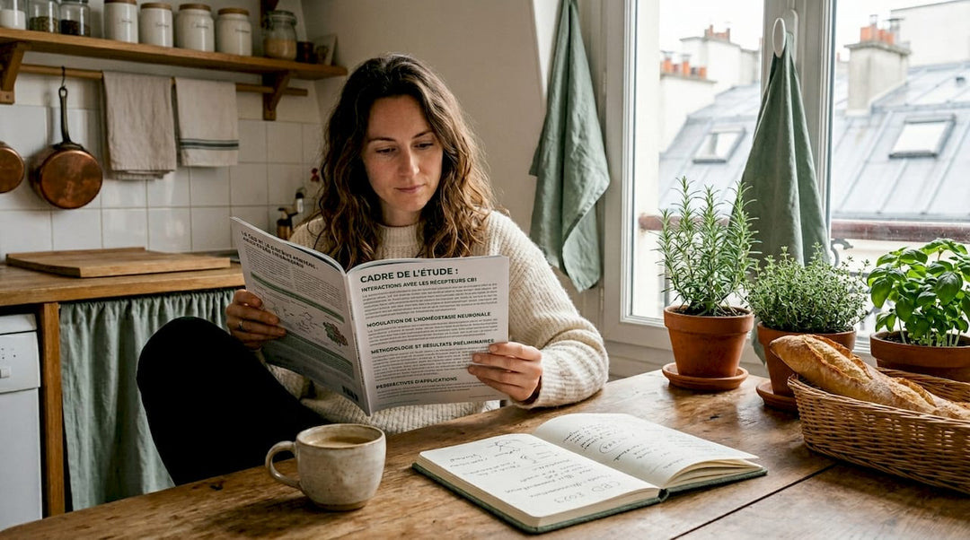 Chez elle, une femme s’informe sur les effets du CBD sur le cerveau.