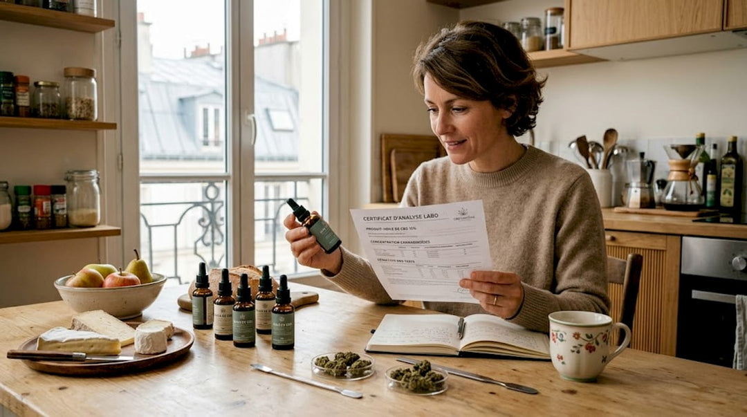 Une femme examine attentivement les certificats de conformité d'un produit à base de CBD.