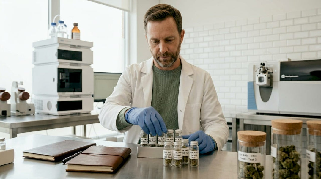 Un technicien de laboratoire s’affaire à la préparation d’échantillons de fleurs de CBD.