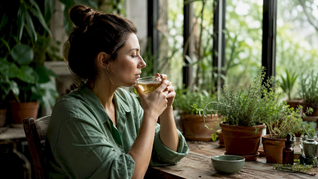 Une femme savoure une infusion au CBD, profitant du calme d’un matin tout en douceur.