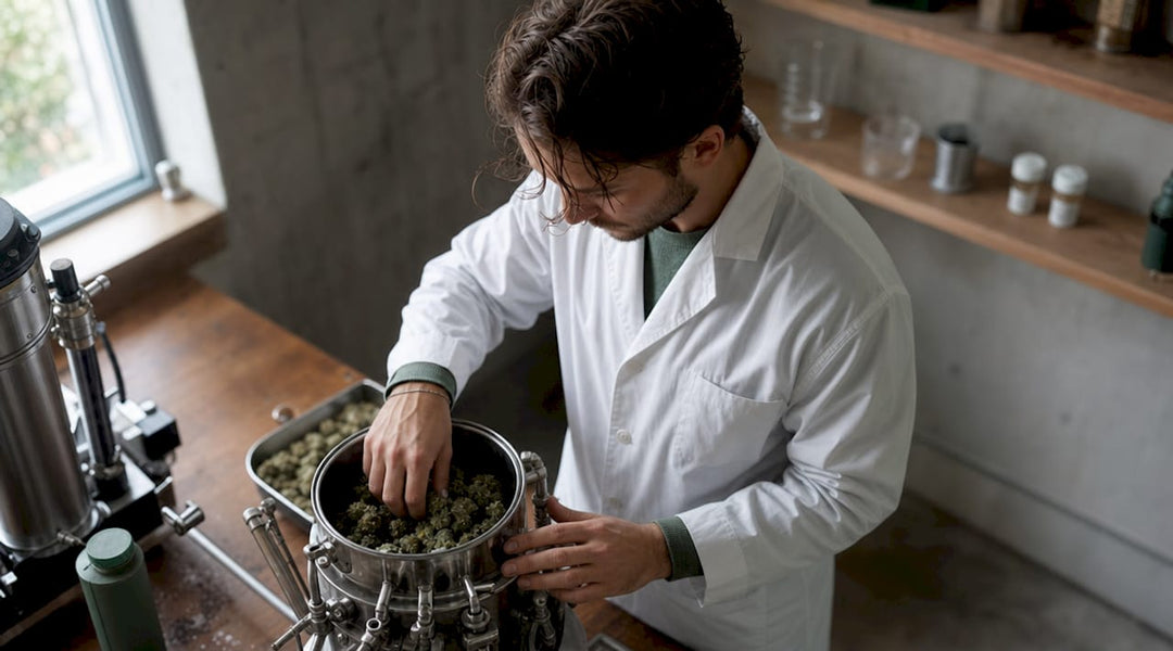 Un technicien en laboratoire s’occupe de la préparation et de l’extraction de résine de CBD, en suivant des protocoles stricts pour garantir la qualité du produit.