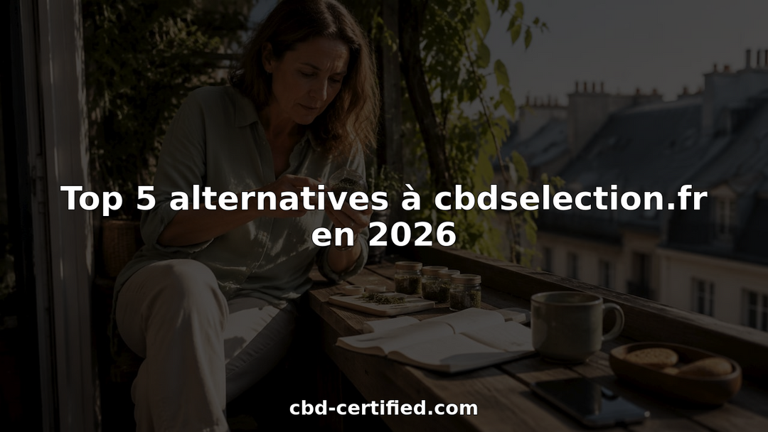 Une femme prend le temps d’examiner différents produits à base de CBD installée à sa table de cuisine.