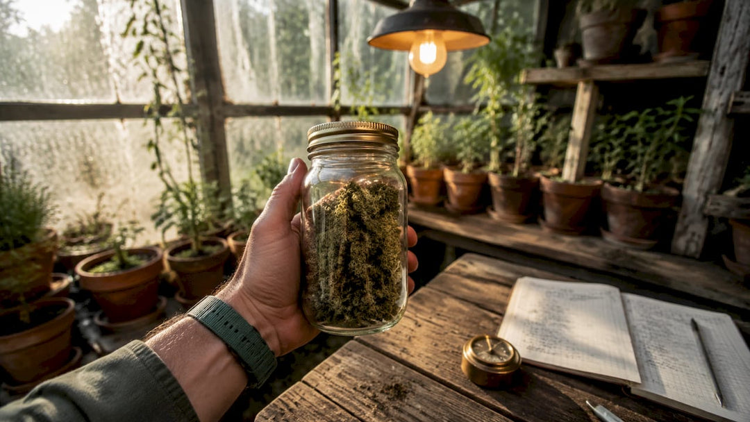 Une main tenant un bocal rempli de fleurs de CBD en phase de séchage