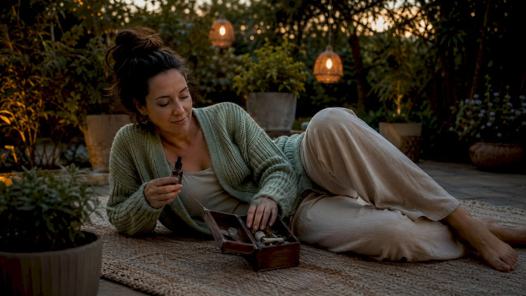 Une femme applique de l’huile de CBD pour favoriser sa détente avant de dormir.
