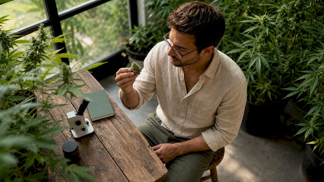 Dans un atelier baigné de lumière, un homme observe attentivement une fleur de CBD, examinant sa qualité et ses caractéristiques.