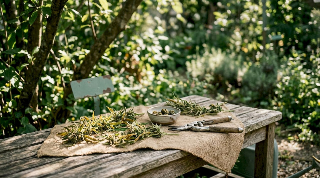 Gros plan sur des morceaux de plantes de chanvre CBD soigneusement taillés